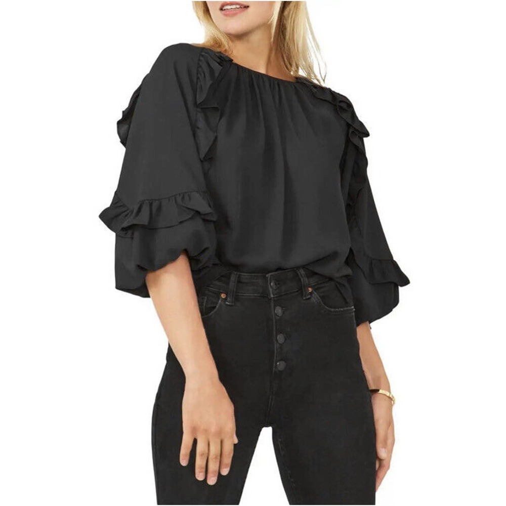 New Vince Camuto Womans Sz XS Ruffled Gathered Top Blouse Shirt Short Sleeve NWT